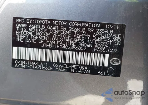 2012 Lexus Es 350 z USA, uszkodzony, nr VIN JTHBK1EG4C2486852